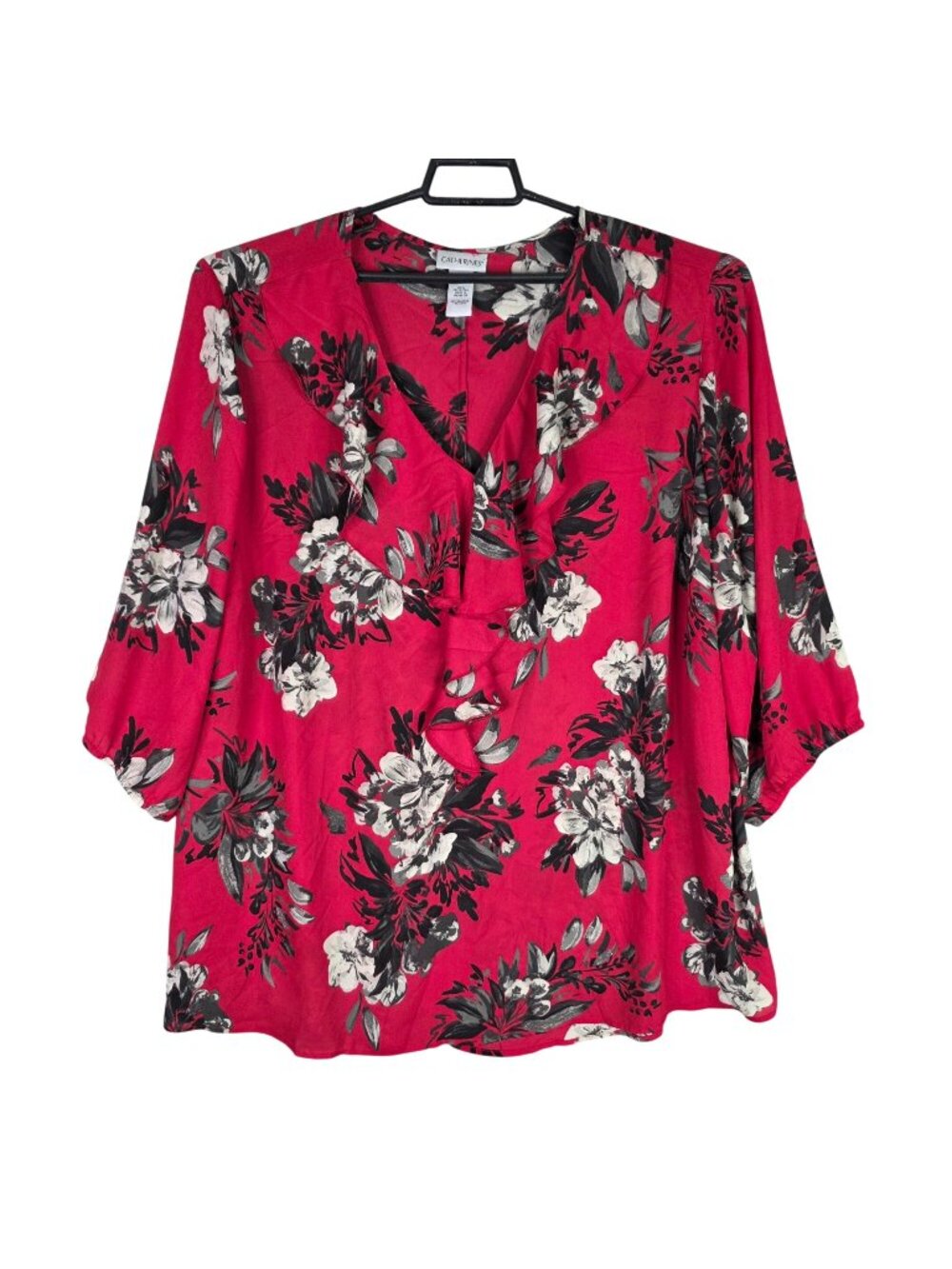 Womens Catherines Red & Black Floral Ruffle Blouse Polyester 3/4 Sleeves Size 3X